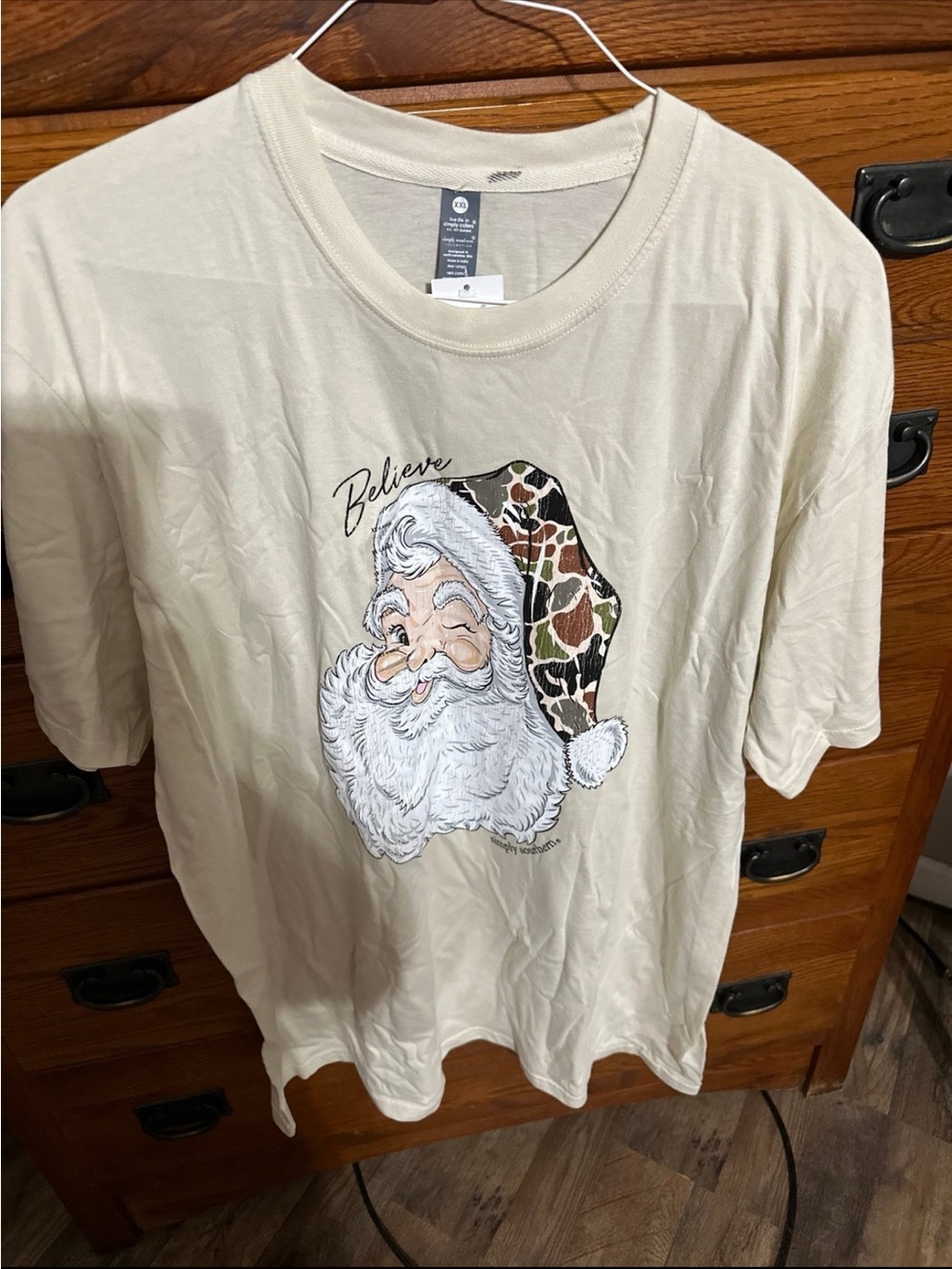 Simply Southern Cream 'Believe' Santa Tee with Camo Hat